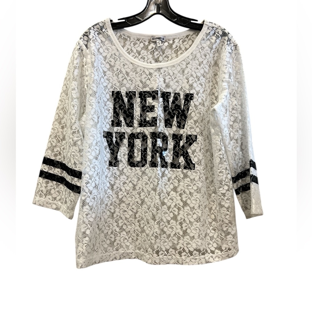 Express White Lace 3/4 Sleeve Graphic Top with Black Print Size Large
